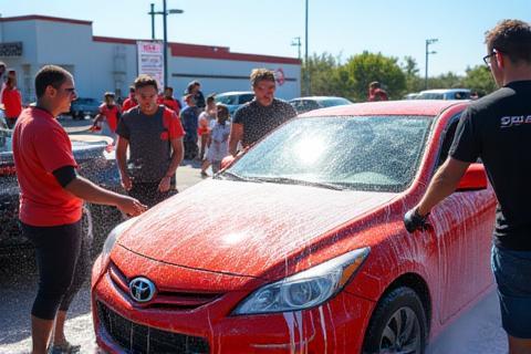 Energetic scene from a community fundraising car wash event hosted at Star Auto Wash