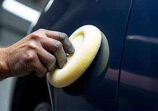Technician meticulously hand applying wax to a car during detailing