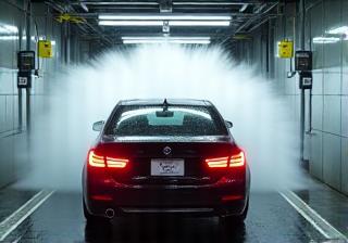 Car quickly moving through an efficient express wash lane